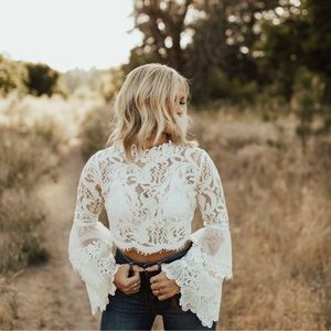 SOLD on Curtsy White lace bell sleeve crop top